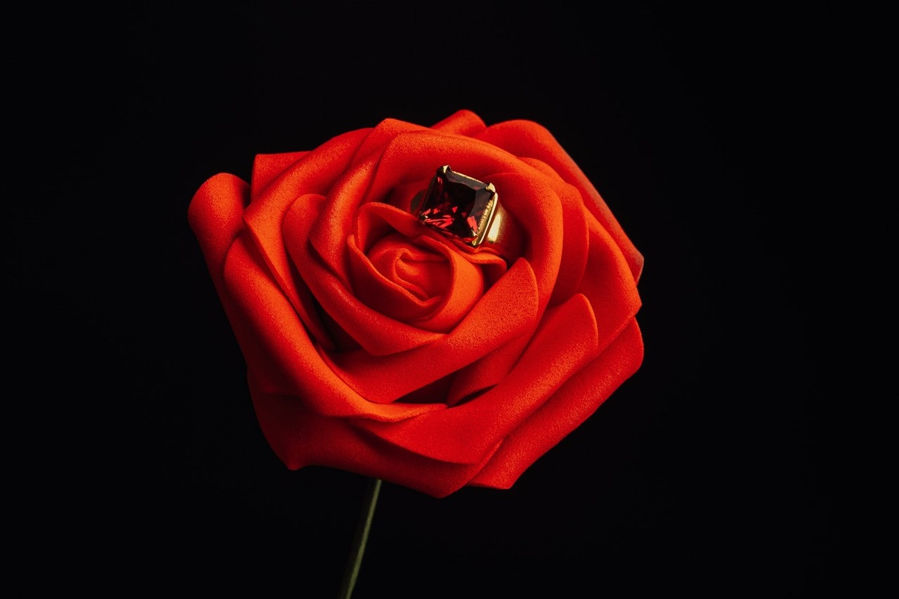 A bold ruby engagement ring sits between the petals of a red rose.